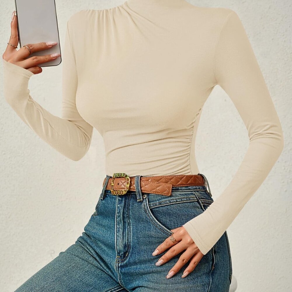 Women's Long Sleeve Ruched Neck Top Durable Viscose Slim Fit Fall Outfits - Picture 5 of 5